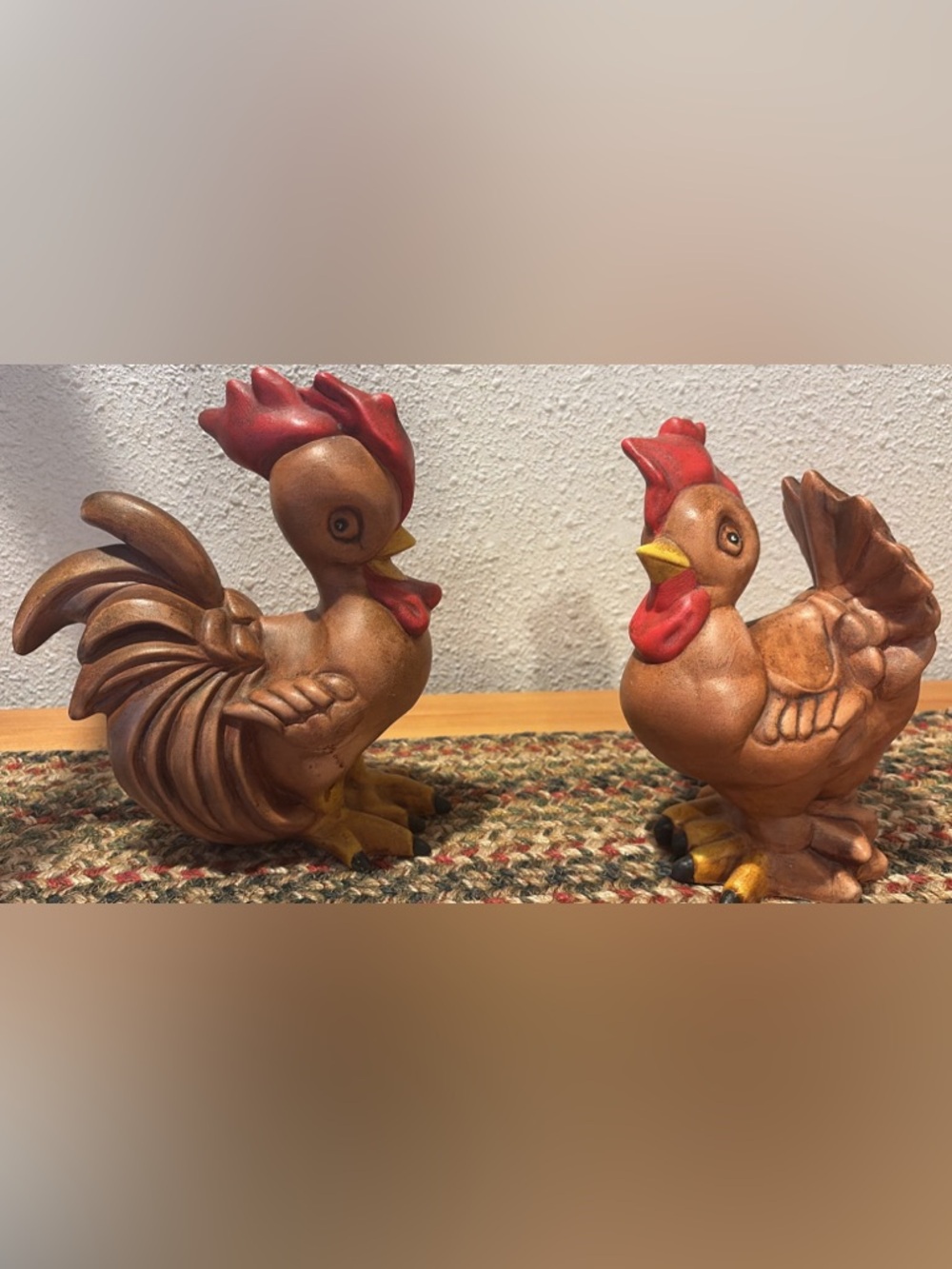 Vintage Ceramic Rooster and Hen Figurines - Brown with Red Accents